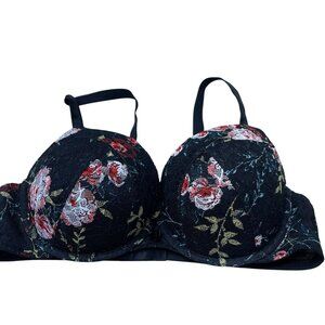 Torrid Black Floral Push-Up Plunge Bra 40D Sexy Lingerie